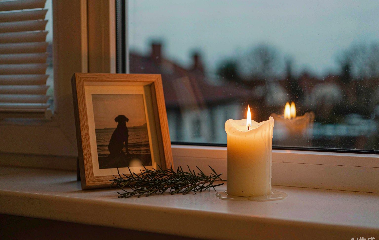 A lit cream candle beside a small wooden frame holding a photo of a dog on a windowsill at dusk