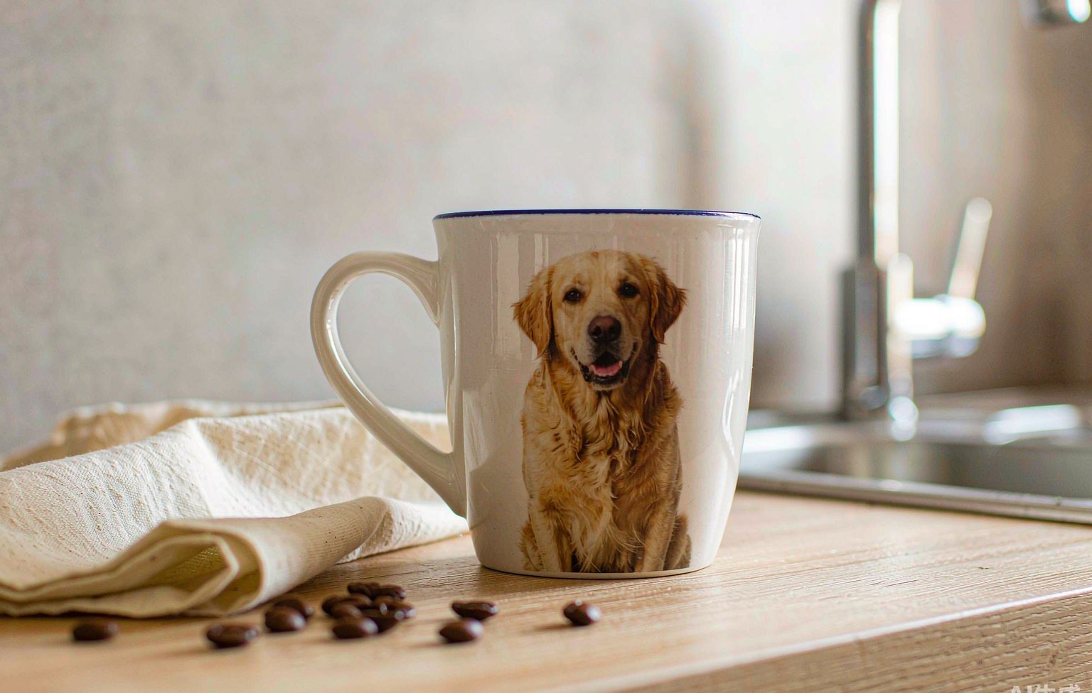 A white ceramic mug printed with a golden retriever photo on a kitchen counter in soft morning light