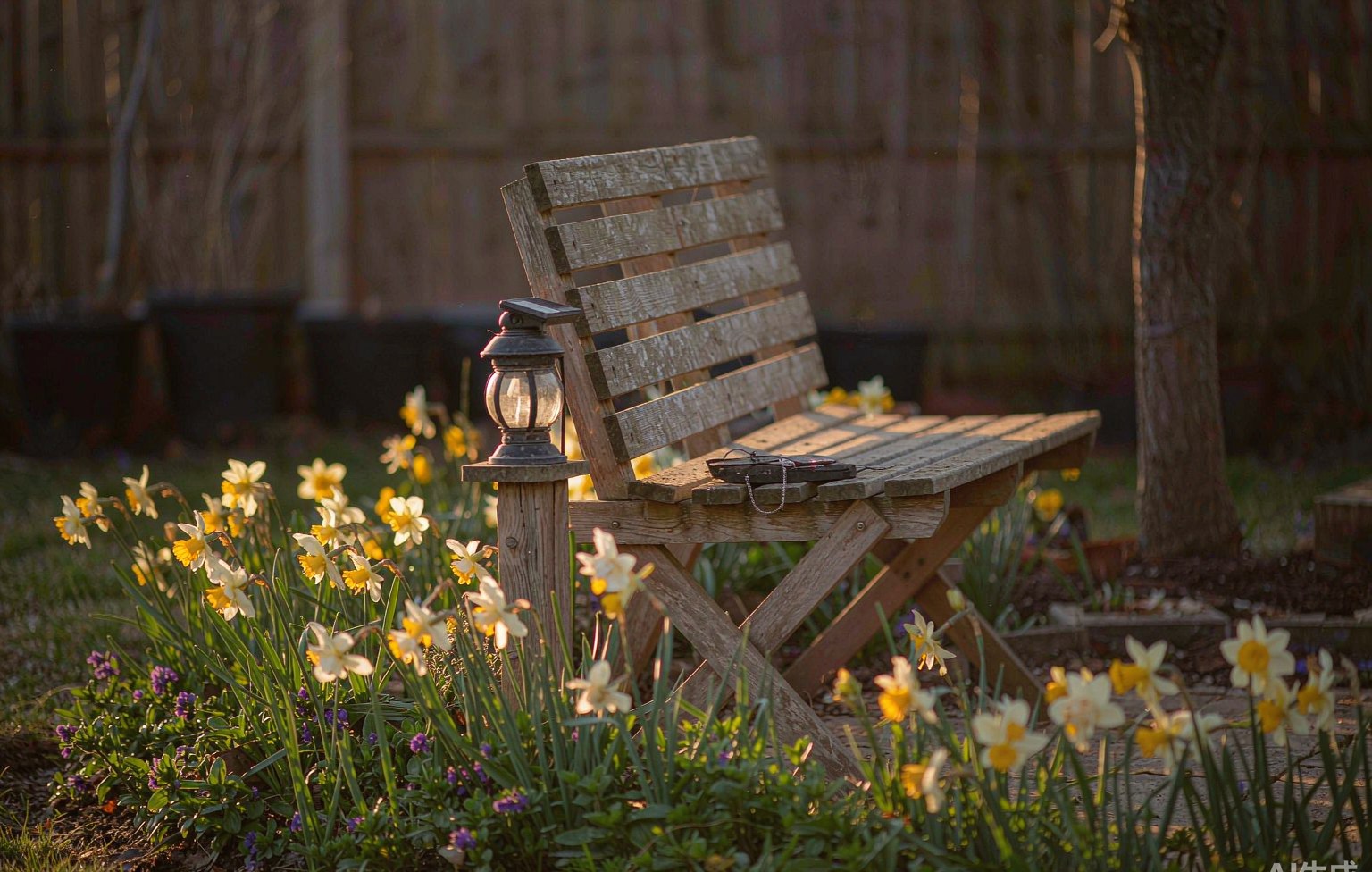 A weathered wooden garden bench beside blooming daffodils and a small solar lantern at golden hour