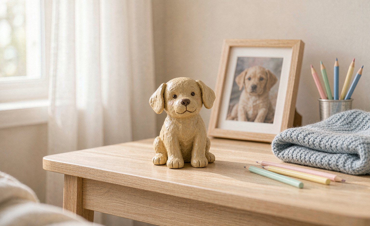 A small hand-sculpted clay dog figurine on a child's wooden desk beside a framed photo of a dog, a folded blanket and colored pencils