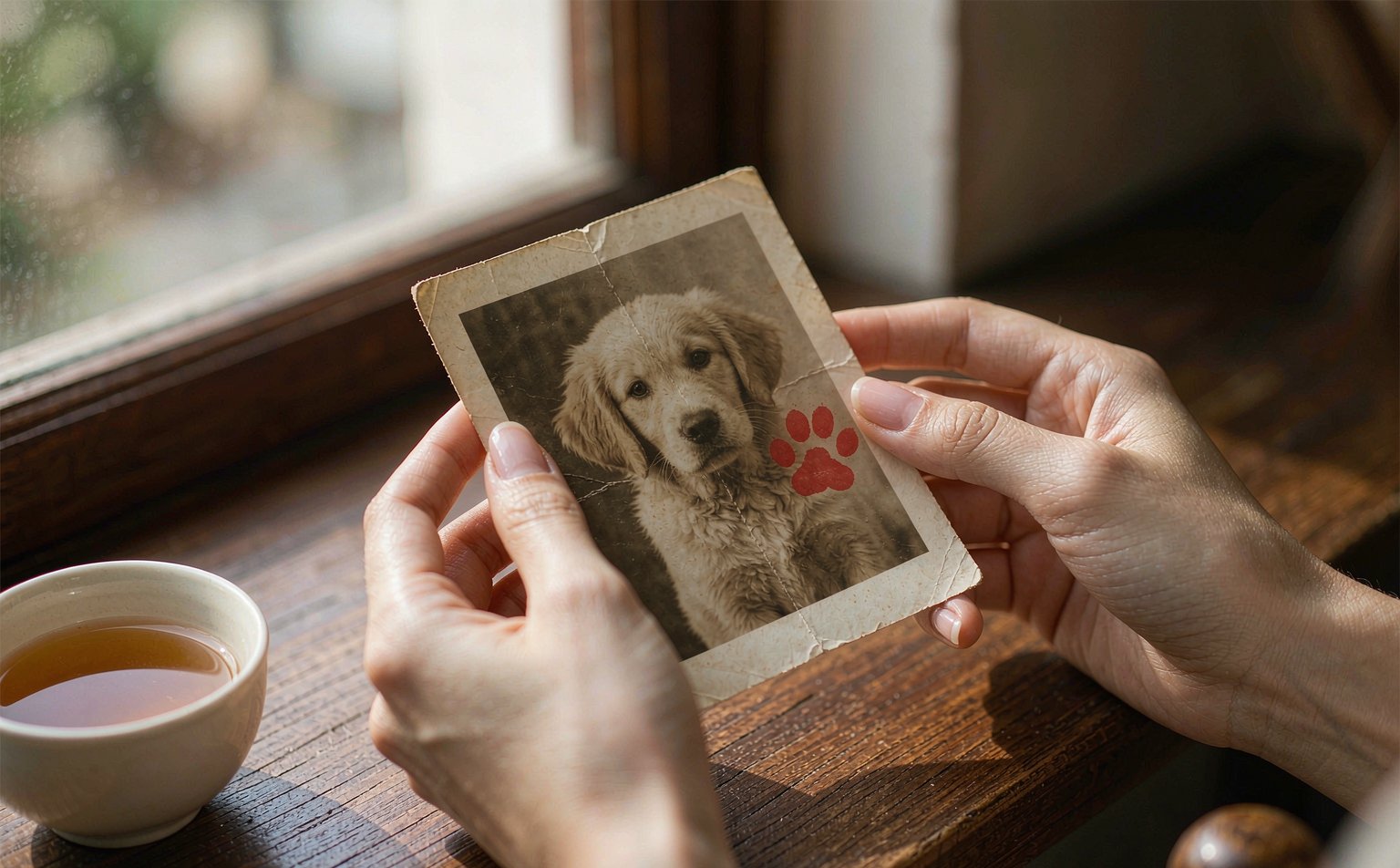 Person holding a printed pet photo while choosing which picture to turn into a custom portrait