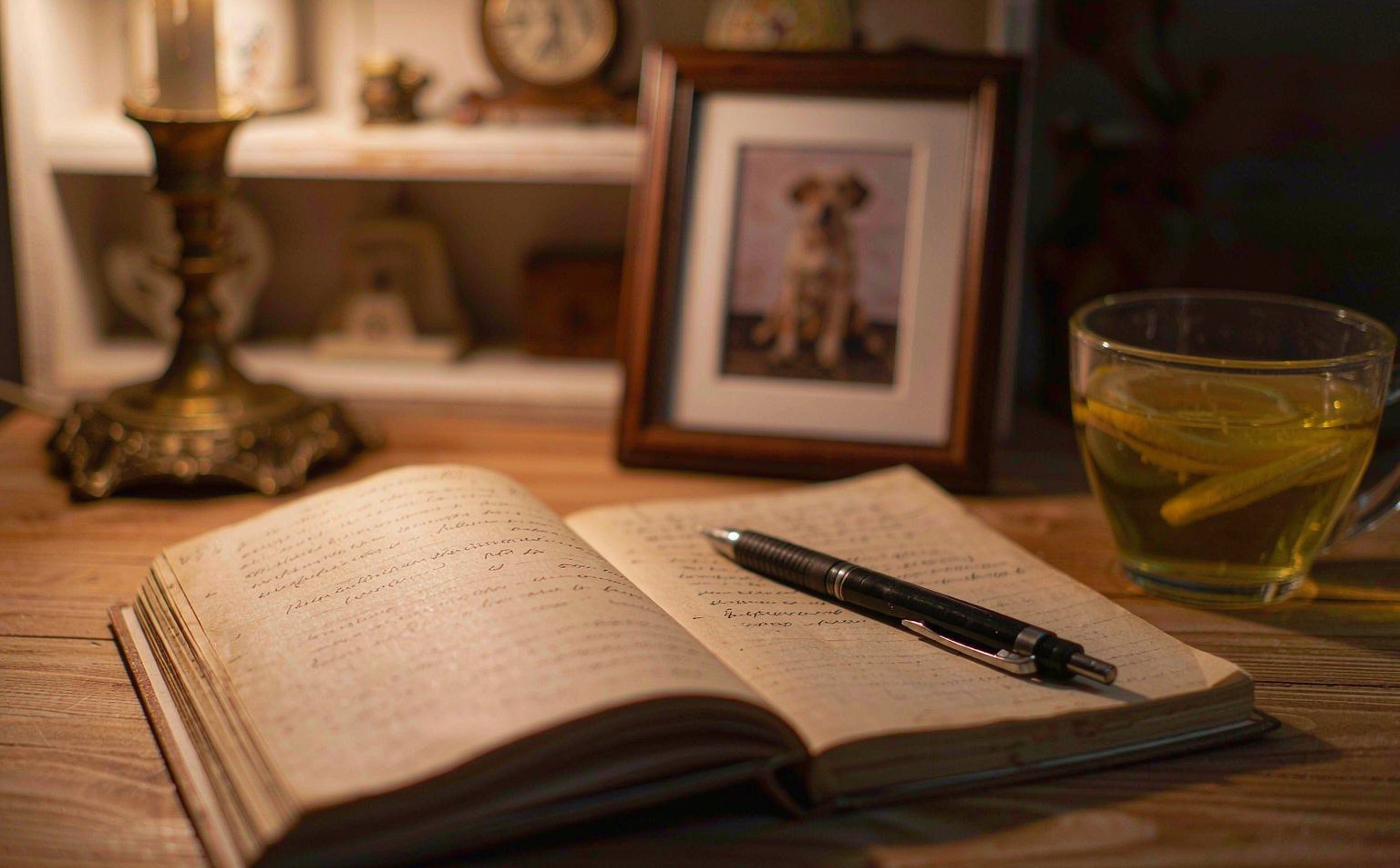 An open journal with handwritten memories beside a pen and a candle on a wooden table