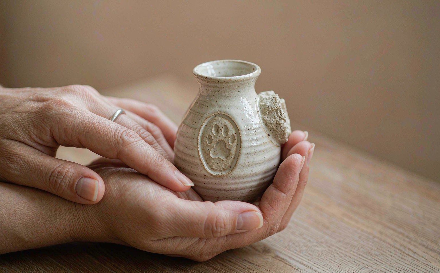 Two hands gently holding a small handcrafted ceramic pet memorial urn with an engraved paw print