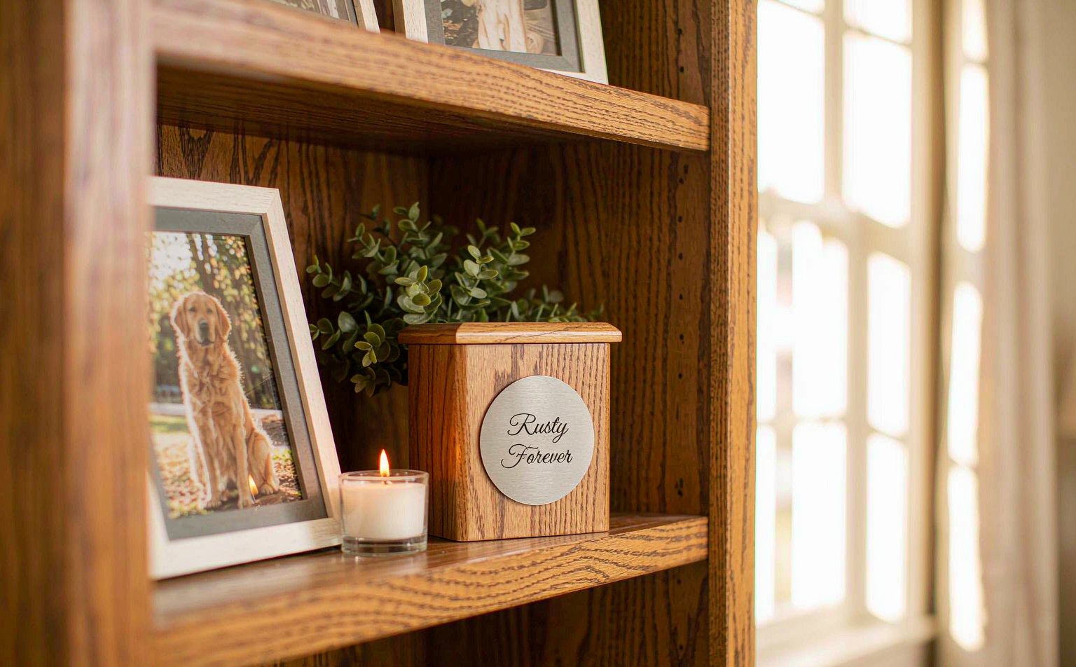 A wooden pet memorial urn on a bookshelf beside a framed photo of a dog, a candle and a plant