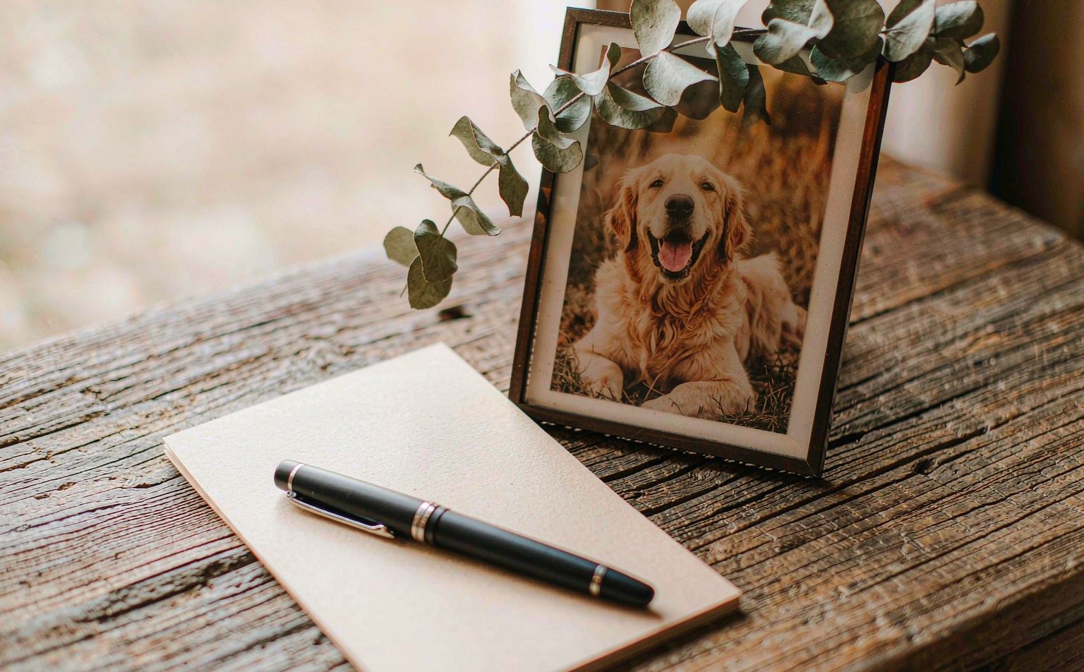 A handwritten sympathy card, a pen and a framed photo of a dog on a warm wooden table