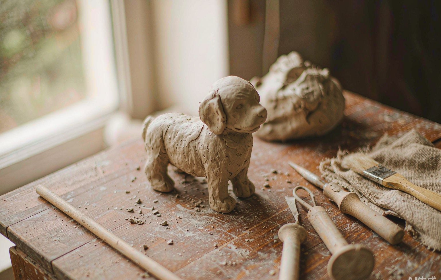 A small hand-sculpted clay dog figurine on a wooden sculptor's workbench with modeling tools and soft window light