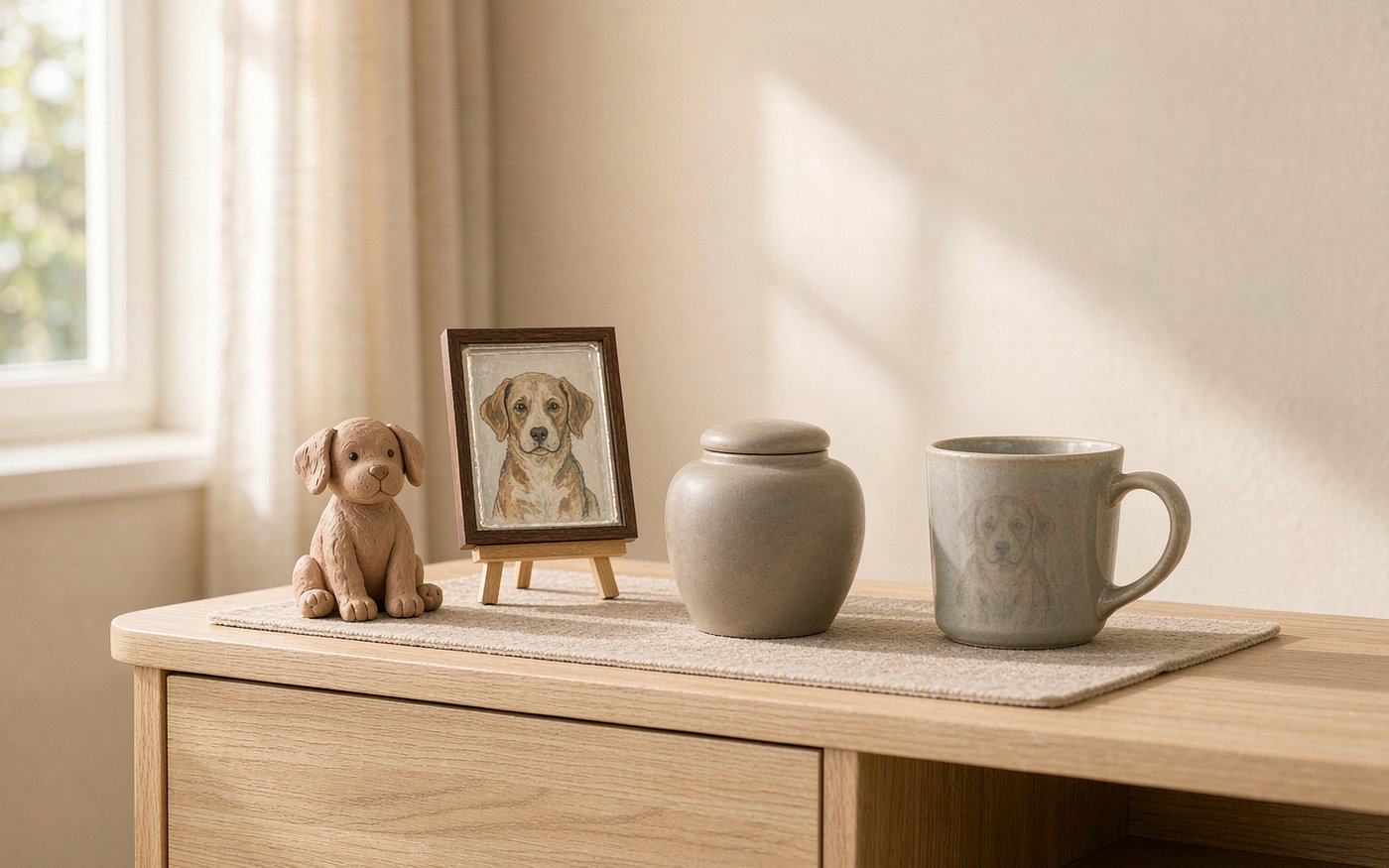 A collection of personalized pet memorial keepsakes on a wooden shelf: a hand-sculpted clay figurine, a framed glass portrait, a ceramic urn and a photo mug