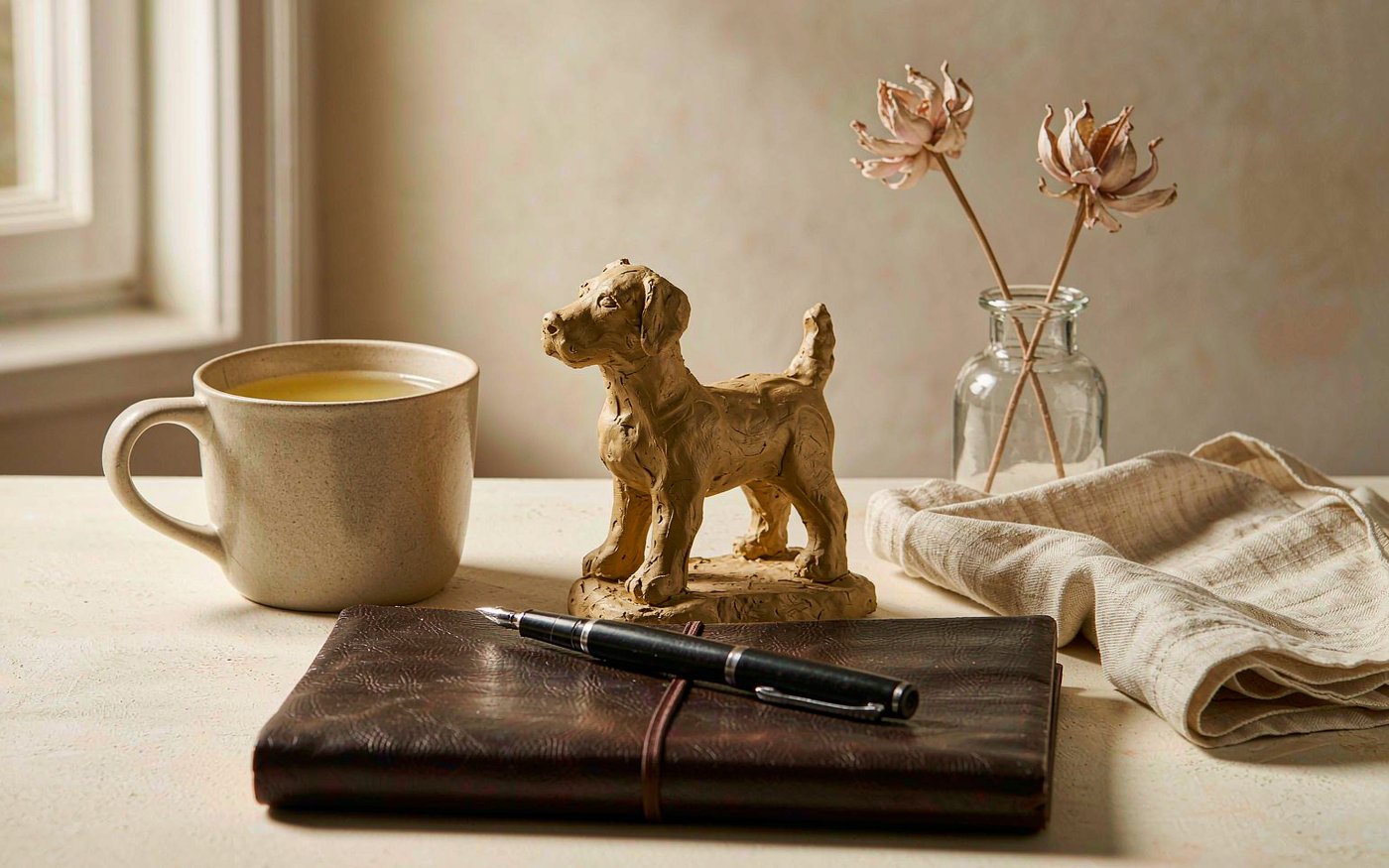 A quiet writing desk with a closed leather journal, a fountain pen, a small hand-sculpted clay dog figurine, a stoneware mug and dried flowers in soft window light
