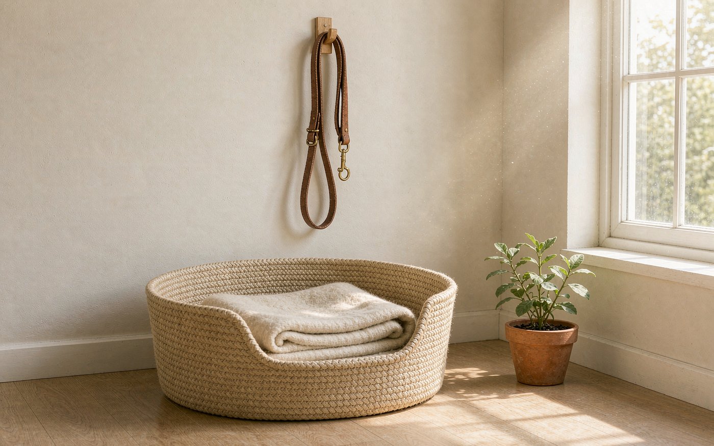 A quiet sunlit corner of a home with an empty woven pet bed, a folded cream blanket, a leather leash on a wall hook and a small potted plant