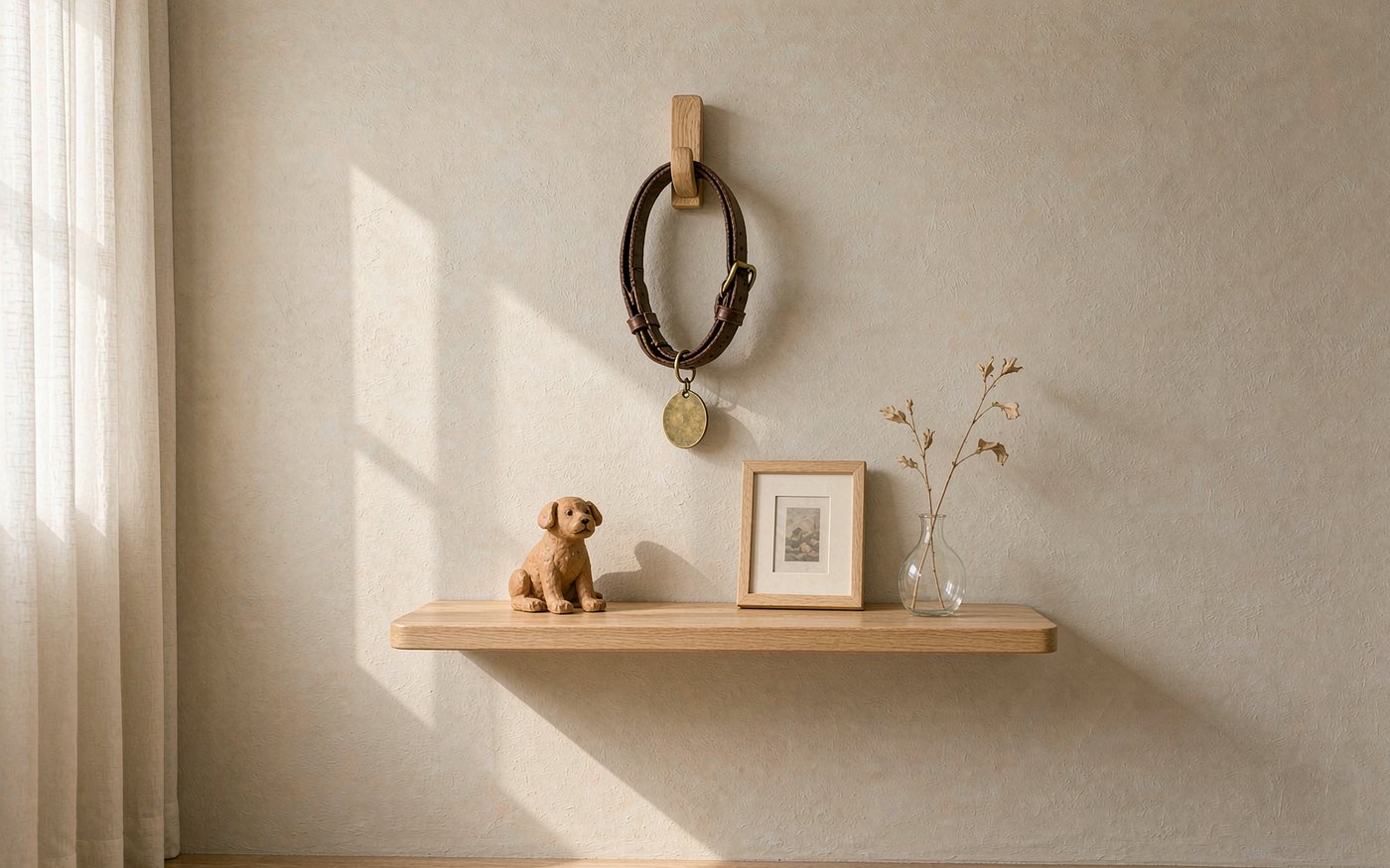 A worn leather dog collar with a brass tag hanging from a wooden wall hook above a floating shelf holding a small clay dog figurine, a framed photograph and a single dried stem