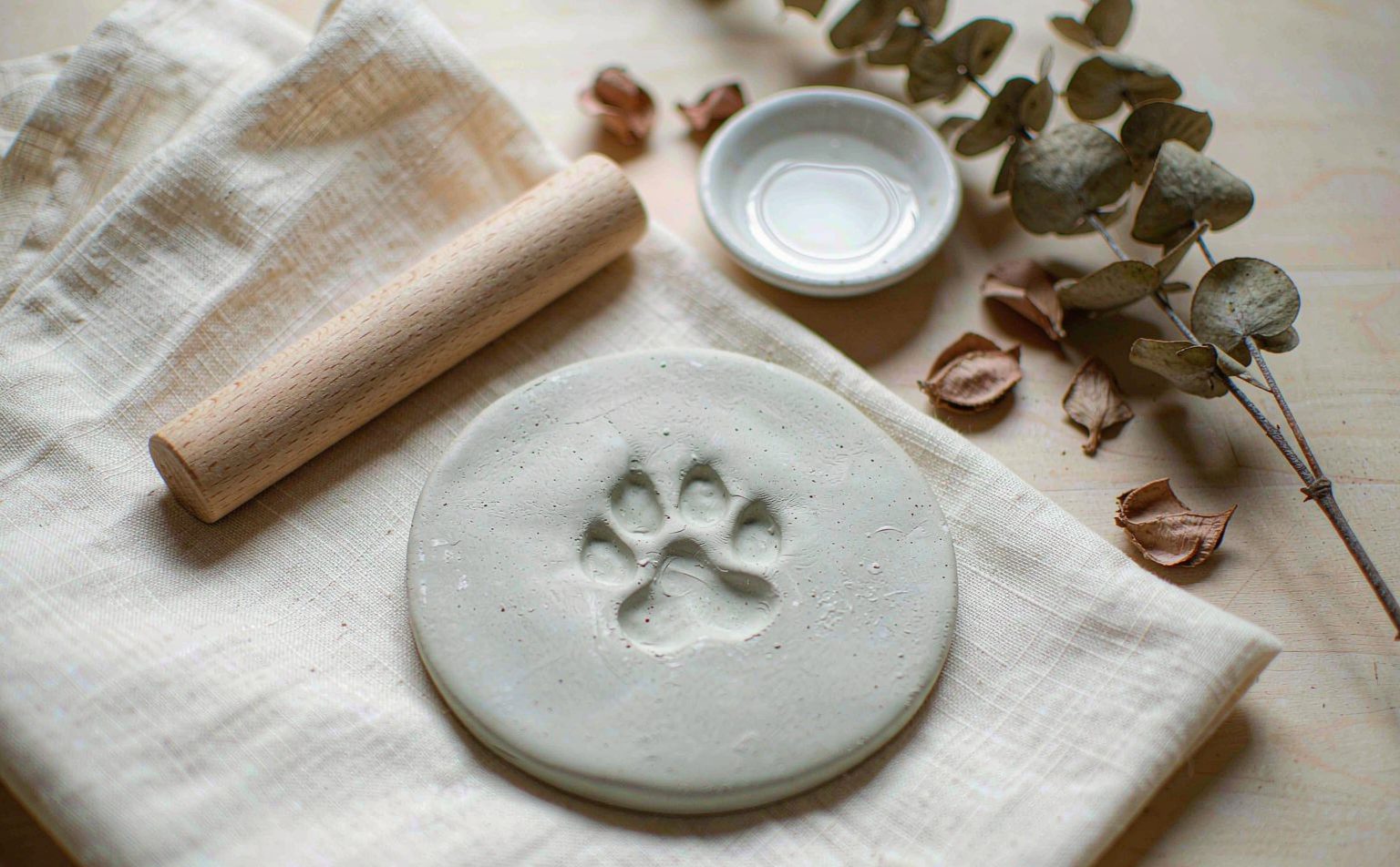 A dog paw print pressed into a disc of air-dry clay beside a rolling pin and dish of water &mdash; making a paw print keepsake