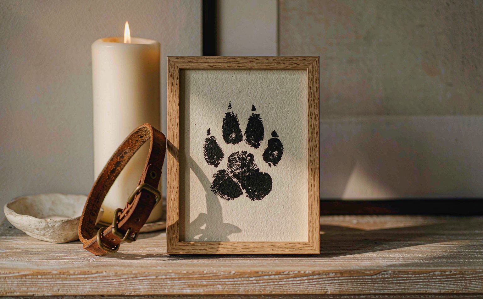 A framed ink paw print on a wooden shelf beside a lit candle and a leather dog collar &mdash; a framed paw print keepsake