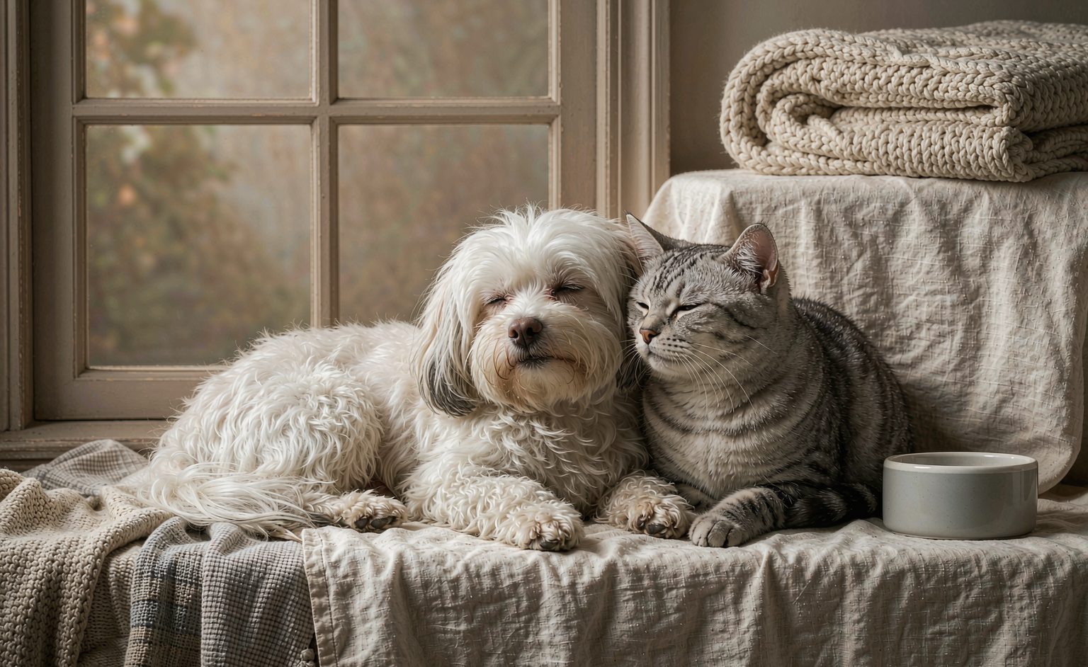 A dog and a cat resting close together on a window seat — helping surviving pets after a companion's death