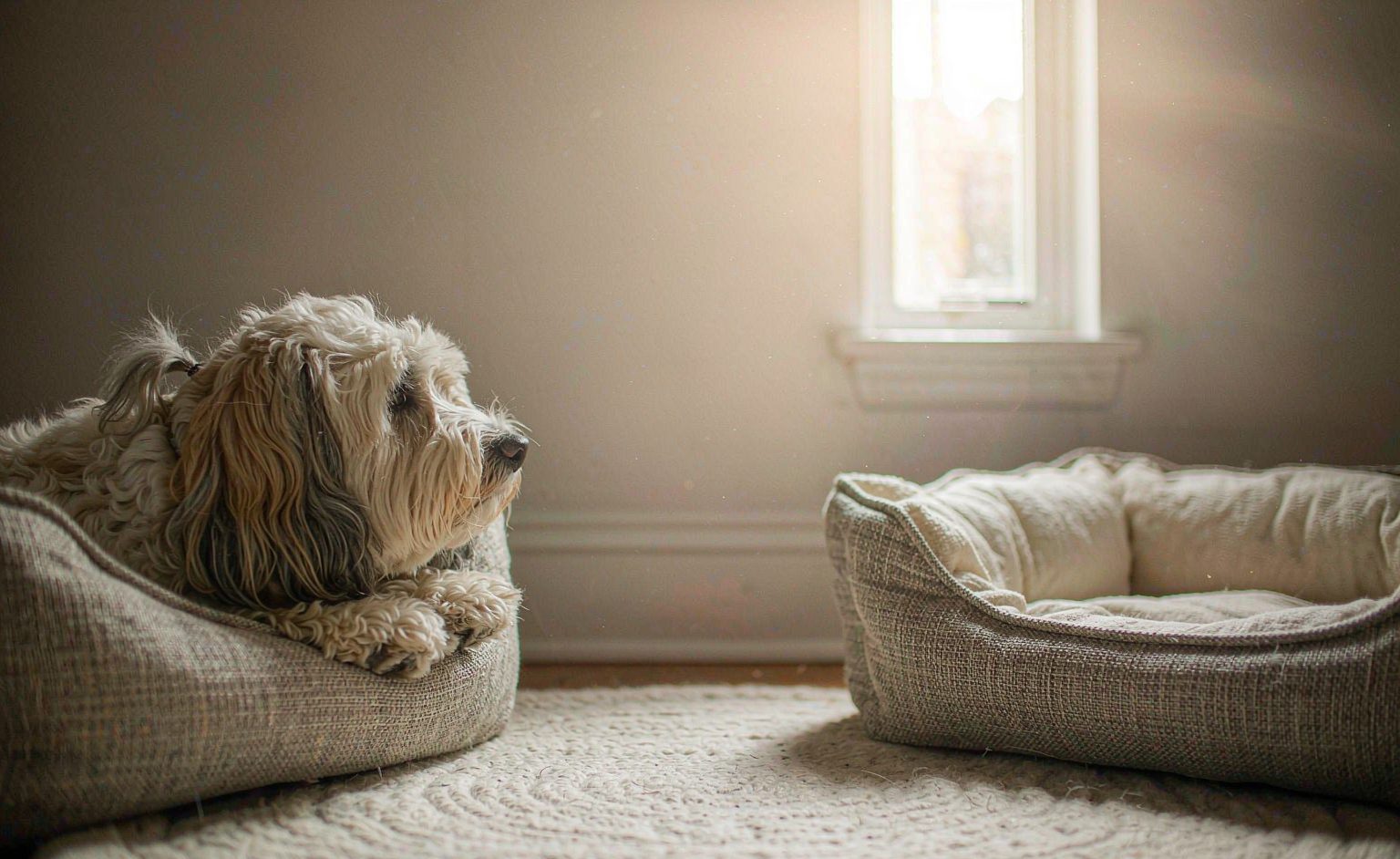 A dog lying on a rug beside an empty dog bed, looking toward a window — do pets grieve when a companion dies