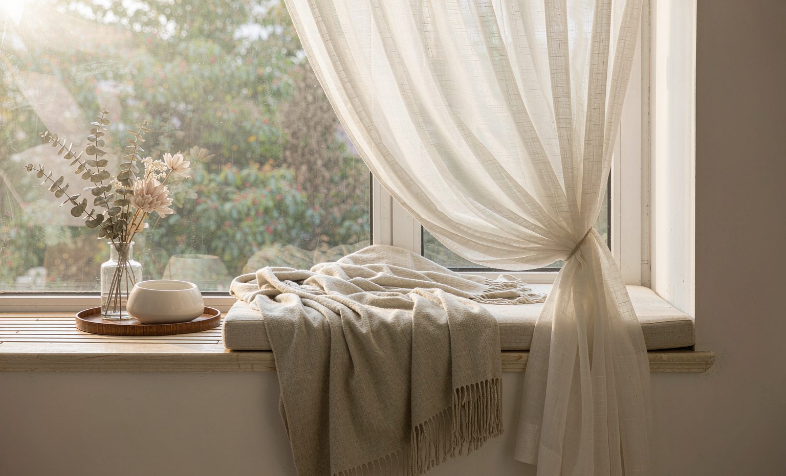A quiet window seat with a folded blanket, a ceramic bowl and dried flowers &mdash; life continuing after losing a pet