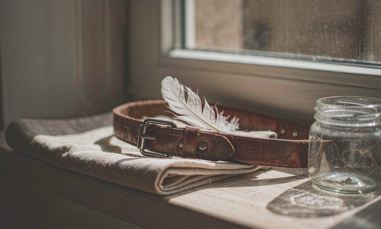 An old worn dog collar resting on a windowsill beside a single white feather in afternoon light