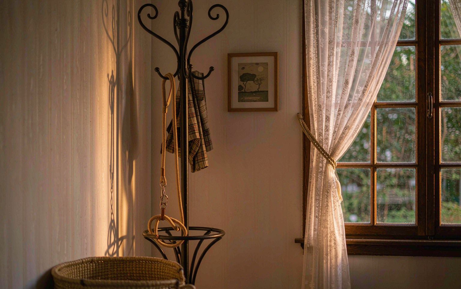 A dog leash hanging on a coat rack by a front door beside an empty woven dog basket in warm afternoon sunlight