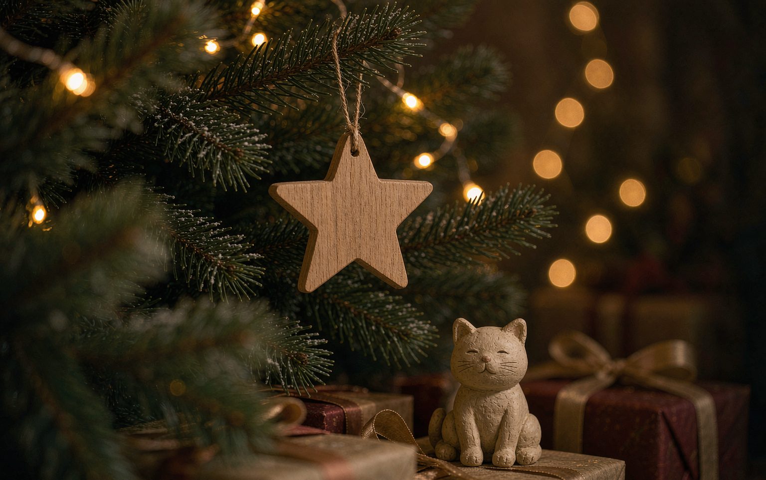 A simple wooden star ornament on a Christmas tree with a small clay cat figurine beneath the branches