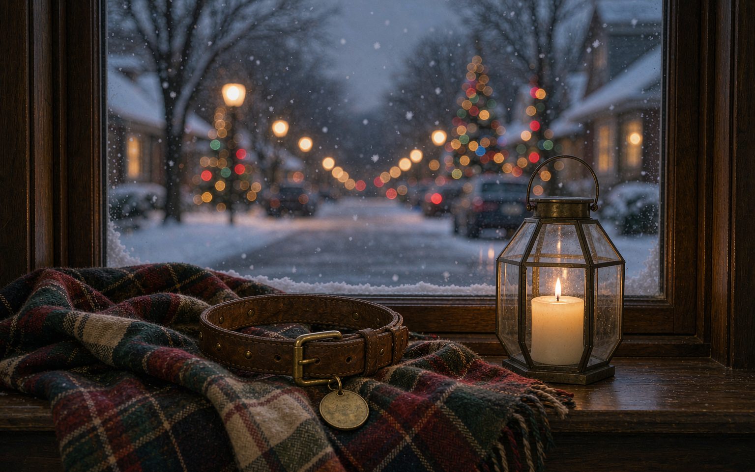 A dog collar on a plaid blanket beside a lit candle on a window seat with snow falling outside