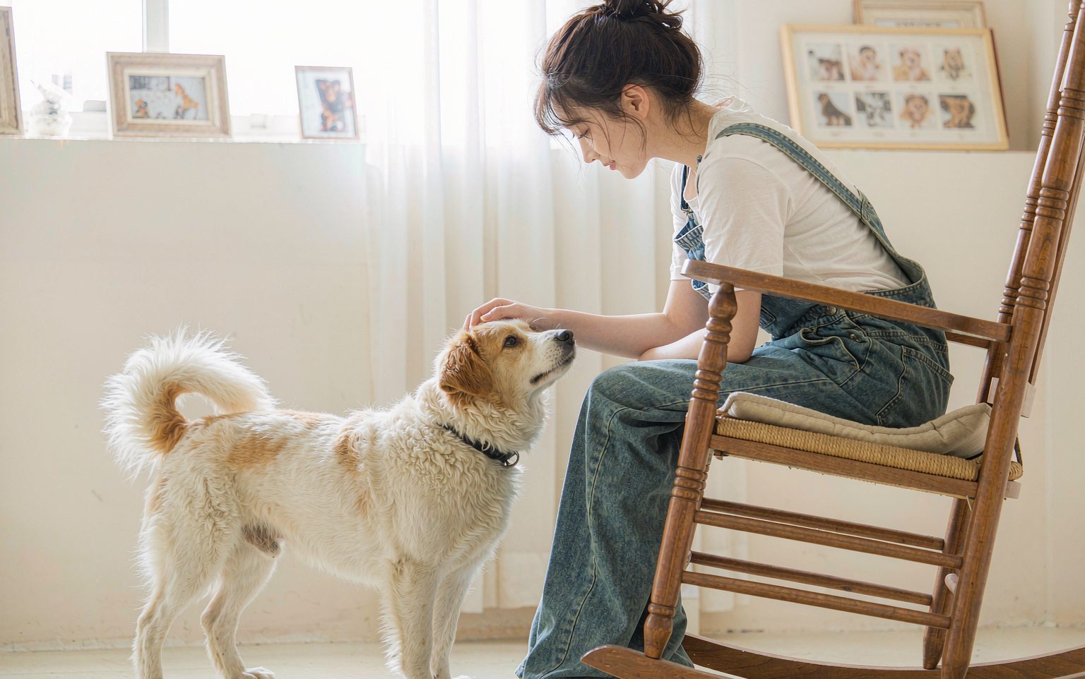 A woman kneeling on the floor of a bright home greeting a gentle mixed-breed shelter dog leaning into her hand