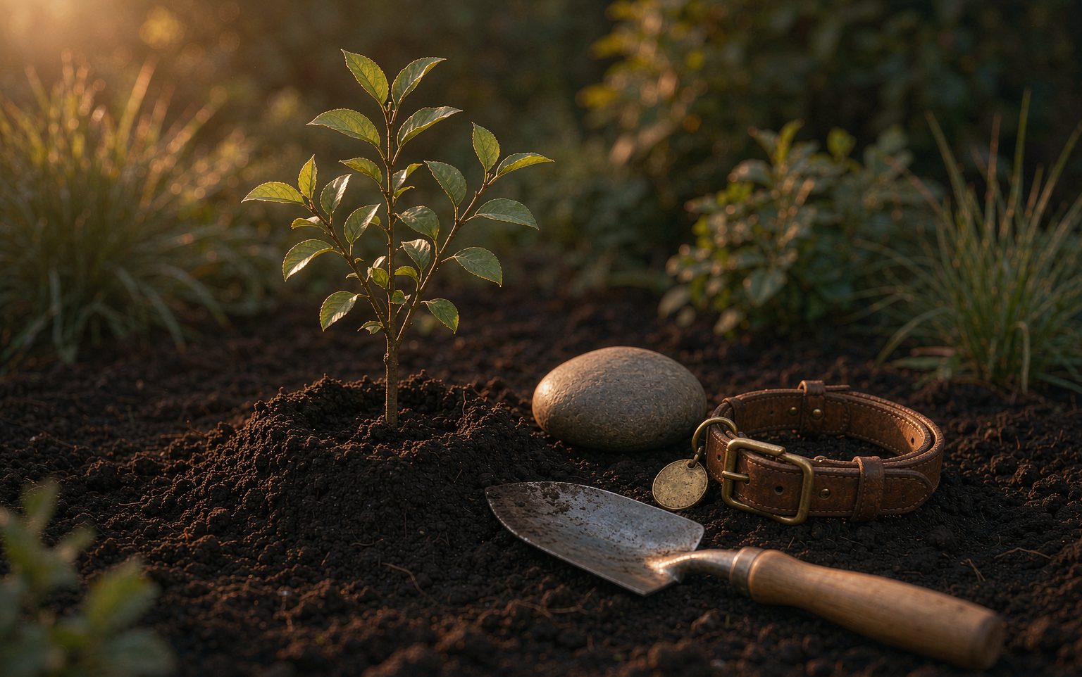 A young sapling planted in soft garden soil beside a river stone, a trowel and a worn leather dog collar