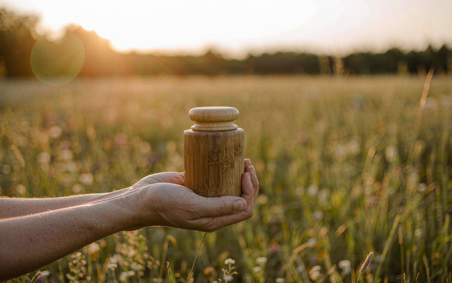 A hand holding a small bamboo scatter urn at the edge of a wildflower meadow at sunset