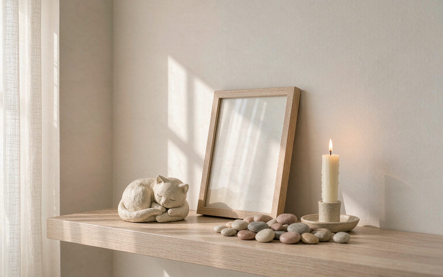A memorial shelf with a sleeping cat figurine, an empty frame, a lit candle and river stones