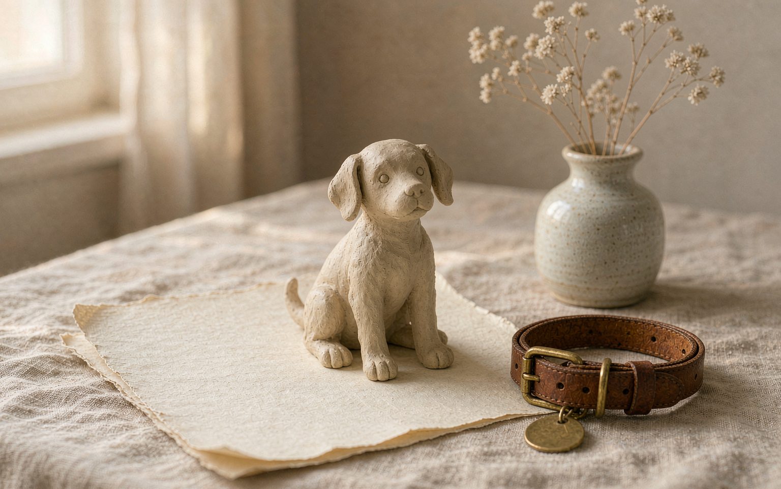 A clay dog figurine beside a blank paper note and a worn leather collar on a linen table
