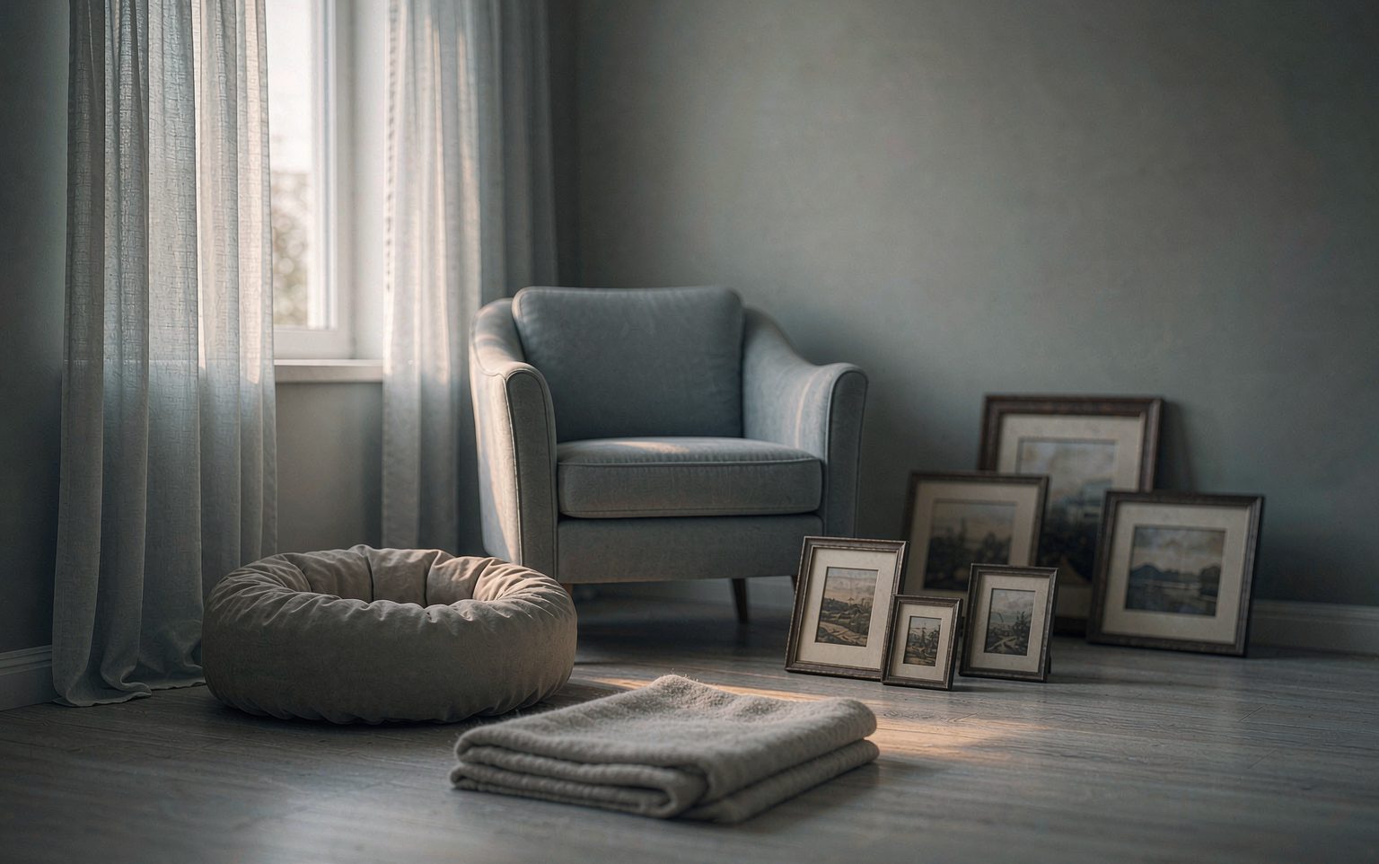 An empty armchair by a window with a pet bed and folded blanket nearby in soft morning light