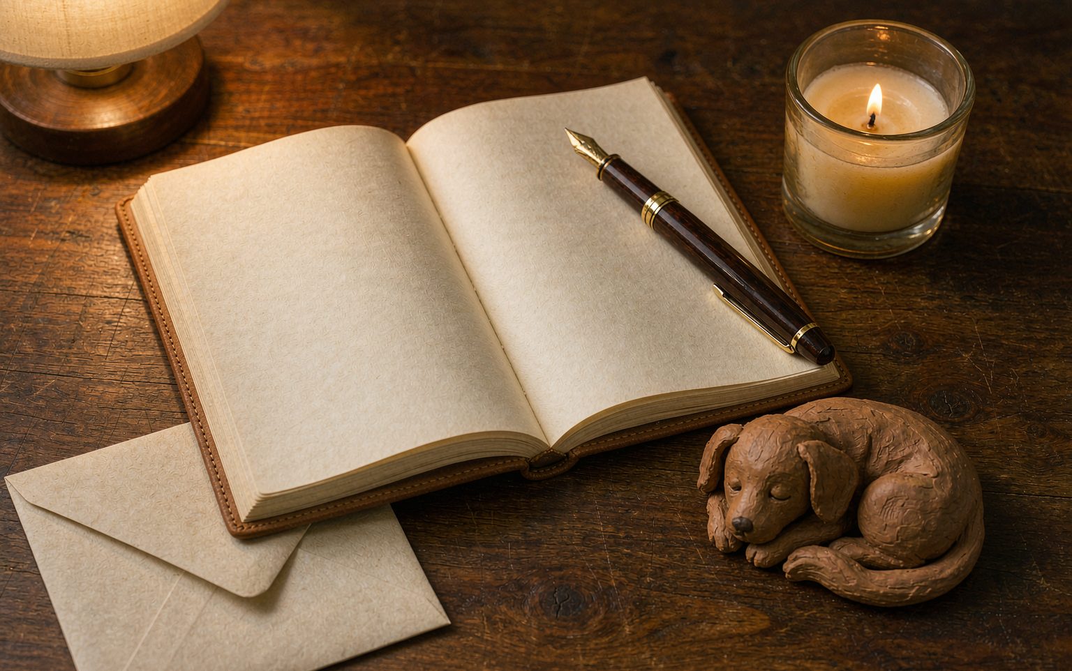An open journal with a fountain pen beside a small clay dog figurine, a lit candle and an envelope