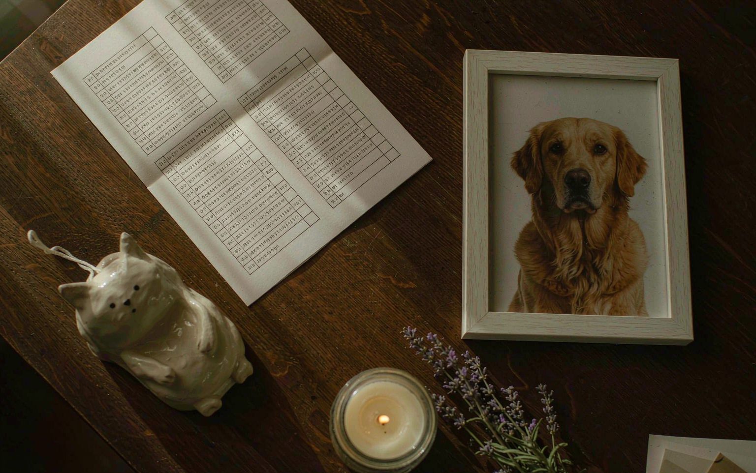 An open printed poem page beside a small clay cat figurine, a framed dog photograph and a lit candle on a wooden table