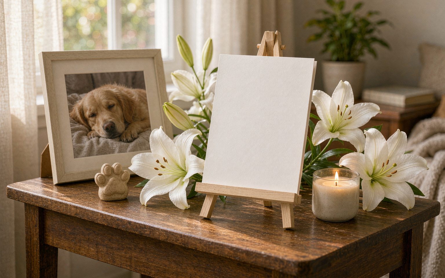A sympathy card on a small easel beside white lilies, a lit candle and a framed photograph of a golden retriever